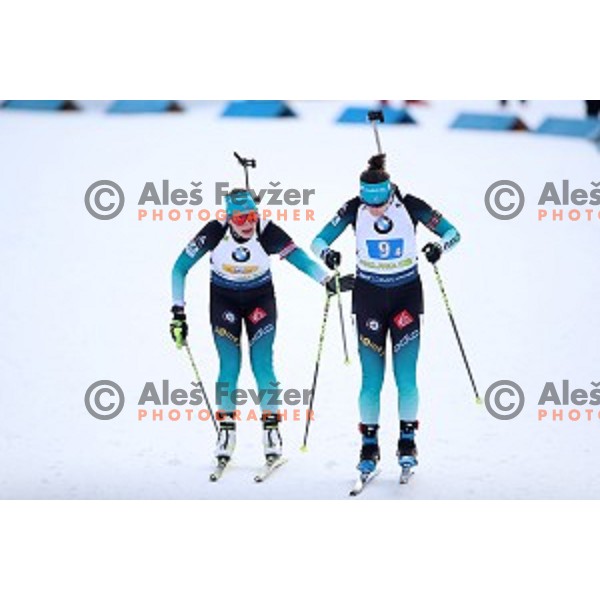 Justine Braisaz (FRA) and Julia Simon (FRA) compete in Mixed 4x7.5 km Relay at IBU Biathlon World Cup, Pokljuka, Slovenia on January 25, 2020
