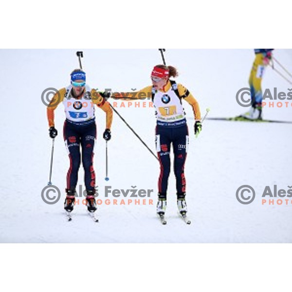 Vanessa Hinz and Janina Hettich (GER) compete in Mixed 4x7.5 km Relay at IBU Biathlon World Cup, Pokljuka, Slovenia on January 25, 2020