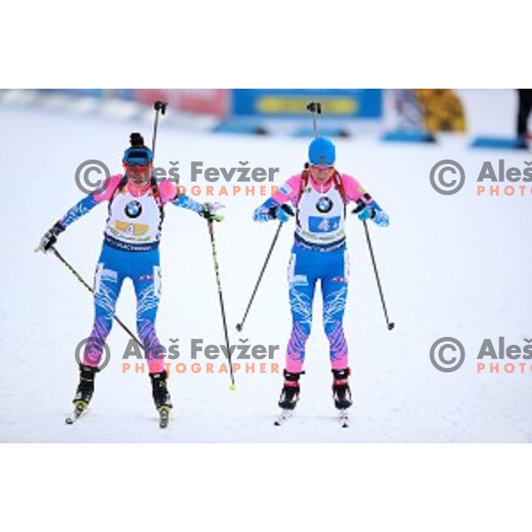 Larisa Kuklina and Starykh Irina (RUS) compete in Mixed 4x7.5 km Relay at IBU Biathlon World Cup, Pokljuka, Slovenia on January 25, 2020
