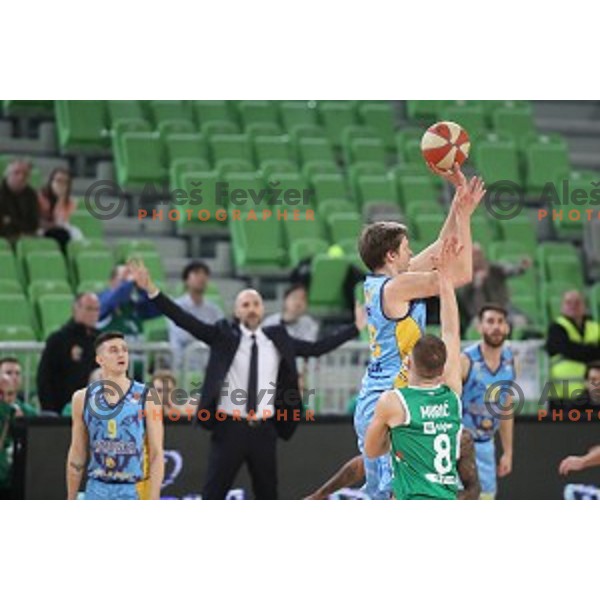 Marko Lukovic scores 3-pointer in last seconds of ABA league regular season basketball match between Cedevita Olimpija and Koper Primorska in SRC Stozice, Ljubljana, Slovenia on January 26, 2020