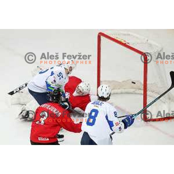 in action during ice-hockey match between Slovenia and Lithuania at Olympic Ice-Hockey Pre-Qualification tournament in Jesenice, Slovenia on February 6, 2020