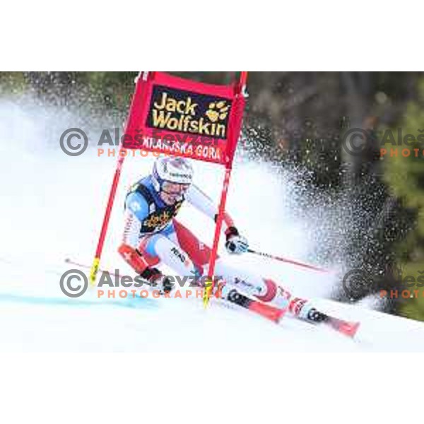 Michelle Gisin skiing in the first run of AUDI FIS Alpine Ski World Cup Giant Slalom for 56. Golden Fox Trophy in Kranjska gora, Slovenia on February 15, 2020