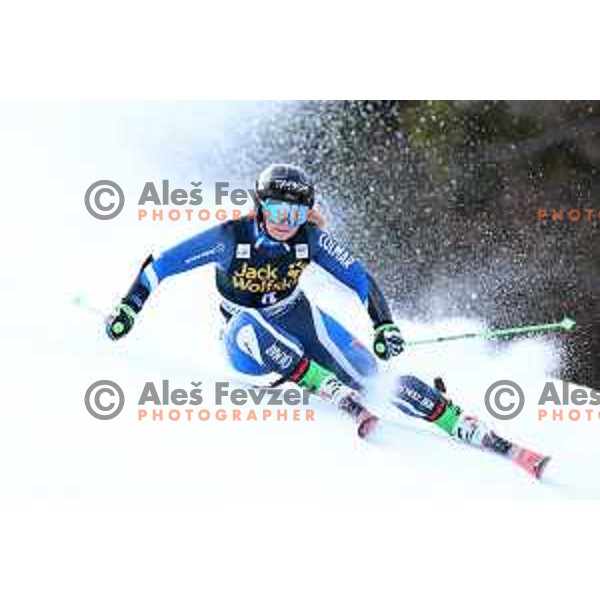 Alice Robinson (NZL) skiing in the first run of AUDI FIS Alpine Ski World Cup Giant Slalom for 56. Golden Fox Trophy in Kranjska gora, Slovenia on February 15, 2020