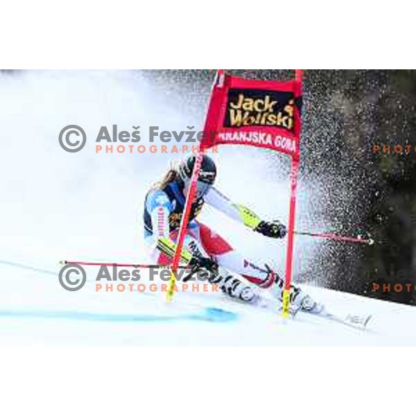 Lara Gut Behrami skiing in the first run of AUDI FIS Alpine Ski World Cup Giant Slalom for 56. Golden Fox Trophy in Kranjska gora, Slovenia on February 15, 2020