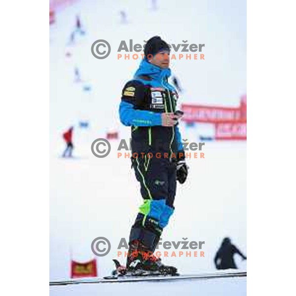 Rene Mlekuz at course inspection before first run of AUDI FIS Alpine Ski World Cup Giant Slalom for 56. Golden Fox Trophy in Kranjska gora, Slovenia on February 15, 2020