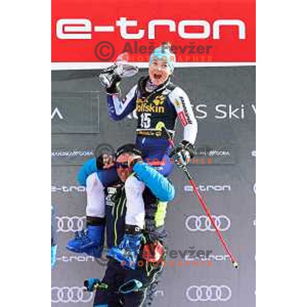 Mitja Kunc and Meta Hrovat at AUDI FIS Alpine Ski World Cup Giant Slalom for 56. Golden Fox Trophy in Kranjska gora, Slovenia on February 15, 2020