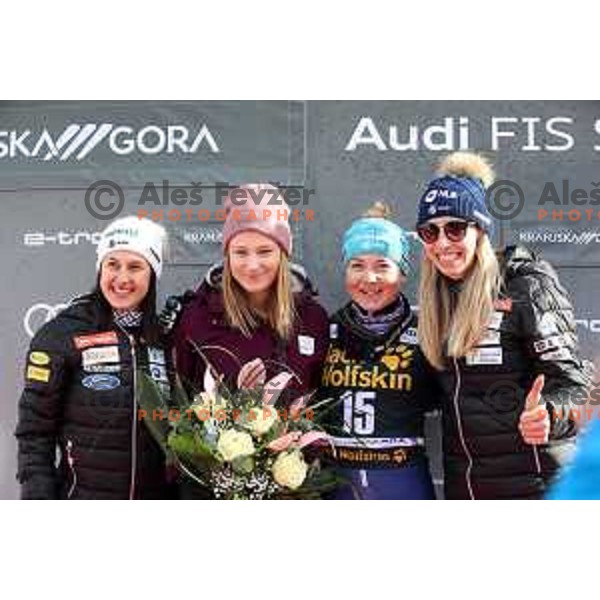 Tina Robnik, Ana Drev, Meta Hrovat and Ana Bucik at AUDI FIS Alpine Ski World Cup Giant Slalom for 56. Golden Fox Trophy in Kranjska gora, Slovenia on February 15, 2020