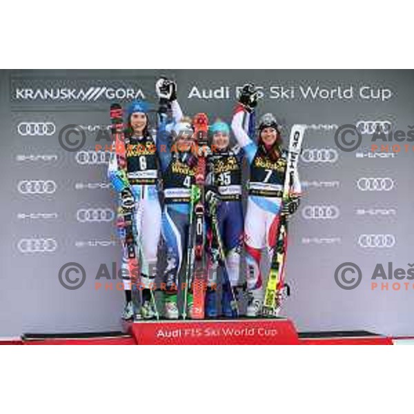 Petra Vlhova (SVK), second placed, winner Alice Robinson (NZL), Meta Hrovat (SLO) and Wendy Holdener (SUI), third placed at AUDI FIS Alpine Ski World Cup Giant Slalom for 56. Golden Fox Trophy in Kranjska gora, Slovenia on February 15, 2020
