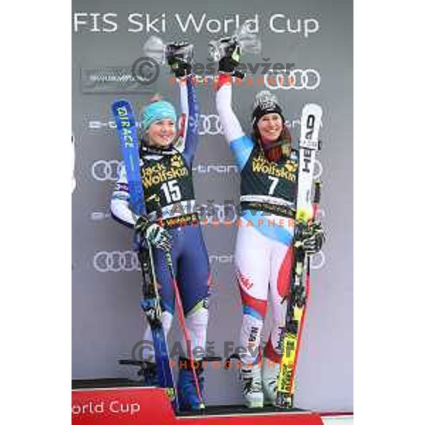 Meta Hrovat (SLO) and Wendy Holdener (SUI), third placed at AUDI FIS Alpine Ski World Cup Giant Slalom for 56. Golden Fox Trophy in Kranjska gora, Slovenia on February 15, 2020