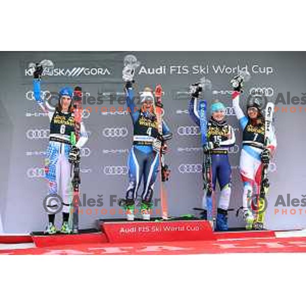 Petra Vlhova (SVK), second placed, winner Alice Robinson (NZL), Meta Hrovat (SLO) and Wendy Holdener (SUI), third placed at AUDI FIS Alpine Ski World Cup Giant Slalom for 56. Golden Fox Trophy in Kranjska gora, Slovenia on February 15, 2020