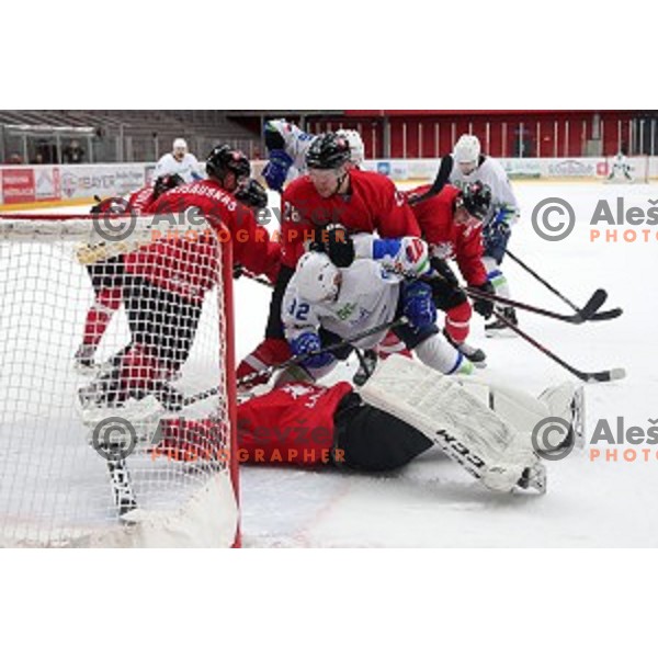 in action during ice-hockey match between Slovenia and Lithuania at Olympic Ice-Hockey Pre-Qualification tournament in Jesenice, Slovenia on February 6, 2020