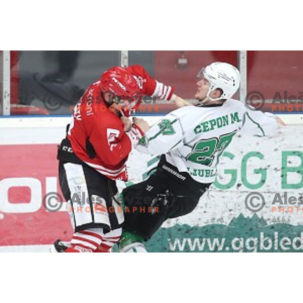 Nik Sirovnik fights with Mark Cepon during Alps league ice-hockey match between Acroni Jesenice and SZ Olimpija in Podmezakla Hall, Jesenice, Slovenia on March 2, 2020