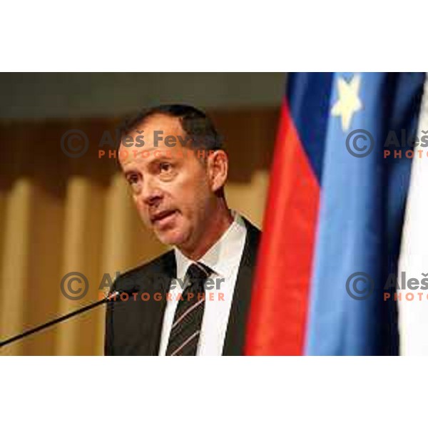Enzo Smrekar gives a speech at Dr. Janez Kocijancic (1941-2020) Memorial Assembly of Slovenia Olympic Committee in hotel Union, Ljubljana on June 5, 2020