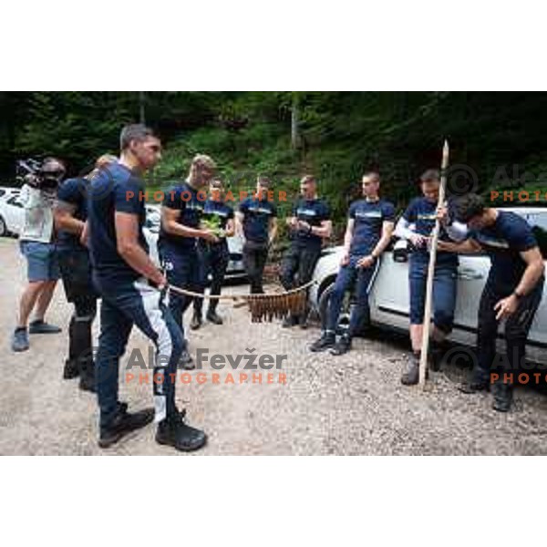Players of Celje Pivovarna Lasko during last day of survival camp at Kostel Waterfall near Cerknica, Slovenia on July 24, 2020