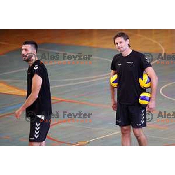 Mitja Gasparini and head coach Gregor Jeroncic during practice session of Calcit Volleyball team in Kamnik, Slovenia on August 5, 2020