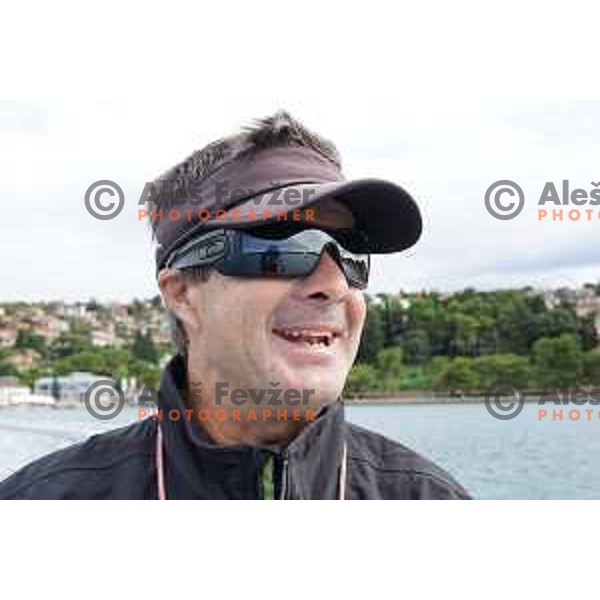 Tomaz Copi, head coach of Slovenia 470 sailing class team during practice session in Bay of Portoroz, Slovenia on August 6, 2020