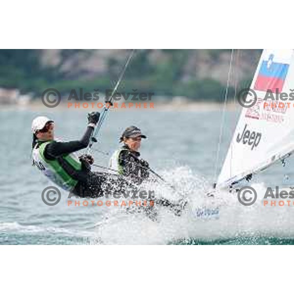 Tina Mrak and Veronika Macarol of Slovenia 470 sailing class during practice session in Bay of Portoroz, Slovenia on August 6, 2020
