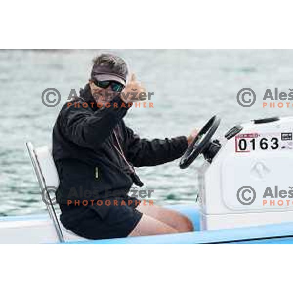 Tomaz Copi, head coach of Slovenia 470 sailing class team during practice session in Bay of Portoroz, Slovenia on August 6, 2020