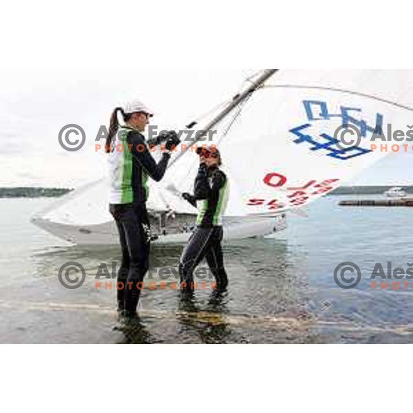Tina Mrak and Veronika Macarol of Slovenia 470 sailing class during practice session in Bay of Portoroz, Slovenia on August 6, 2020