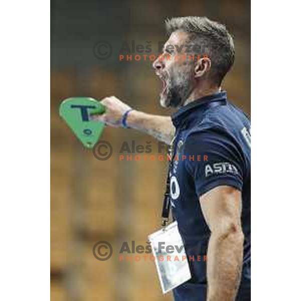 Tomaz Ocvirk, head coach of Celje Pivovarna Lasko in action during EHF Champions League handball match between Celje Pivovarna Lasko and Aalborg in Arena Zlatorog, Celje, Slovenia on September 16, 2020