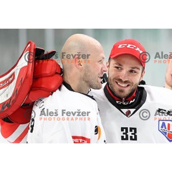 Andrej Hebar and Zan Us during Slovenian Cup Final ice-hockey match between SIJ Acroni Jesenice and MK Bled in Ljubljana, Slovenia on September 19, 2020