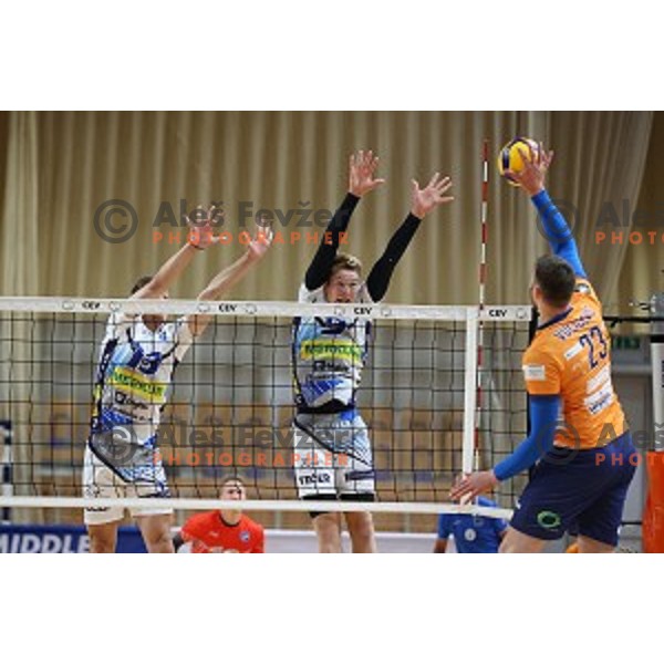 Rok Mozic and Bozidar Vucicevic in action during 1.DOL volleyball match between ACH Volley and Merkur Maribor in Ljubljana on September 21, 2020