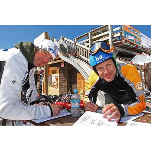 Rene Mlekuz (left) and Jure Kosir . Krvavec Ski resort in fresh snow during Karving magazin ski test. Cerklje, Slovenia 19.3.2008 