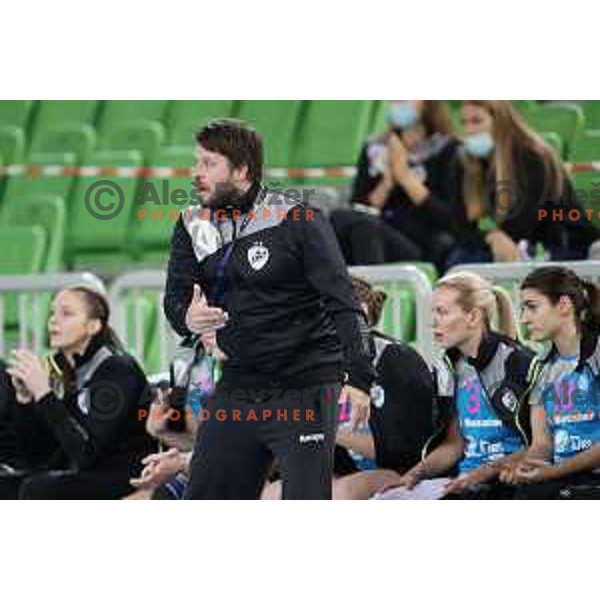 Uros Bregar, head coach of Krim Mercator in action during EHF Champions League Women 2020-2021 handball match between Krim Mercator (SLO) and FTC-Rail Cargo Hungaria (HUN) in SRC Stozice, Ljubljana, Slovenia on November 21, 2020