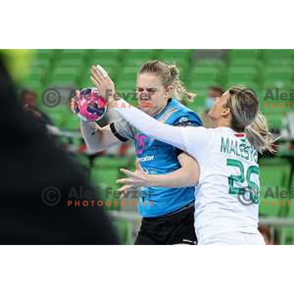 Valentina Klemencic and Antje Malestein in action during EHF Champions League Women 2020-2021 handball match between Krim Mercator (SLO) and FTC-Rail Cargo Hungaria (HUN) in SRC Stozice, Ljubljana, Slovenia on November 21, 2020