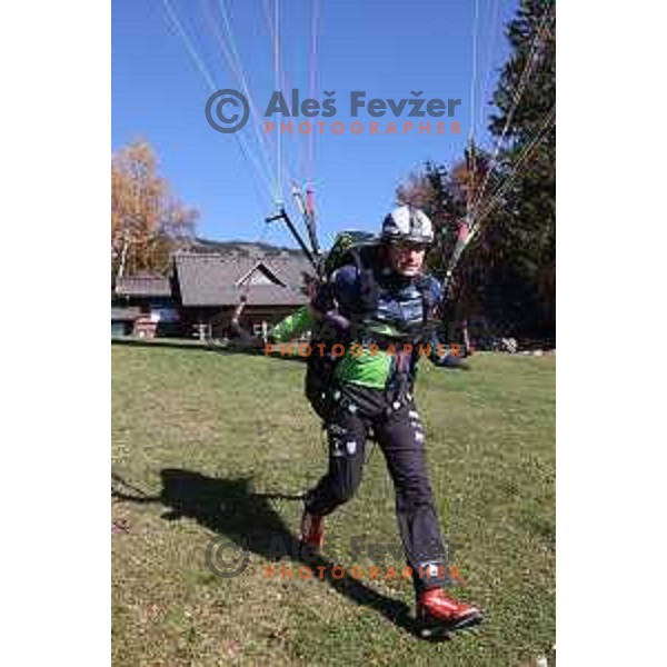 Matjaz Sluga, member of Slovenia Paragliding team during practice flight in Slovenia on November 15, 2020
