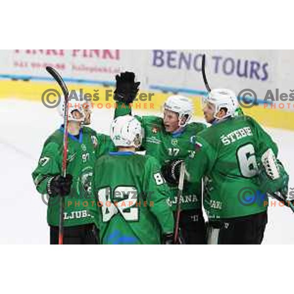 Luka Ulamec, Miha Logar and Miha Stebih of SZ Olimpija in action during Alps League ice-hockey match between SZ Olimpija and Bregenzerwald in Ljubljana, Slovenia on January 9, 2021