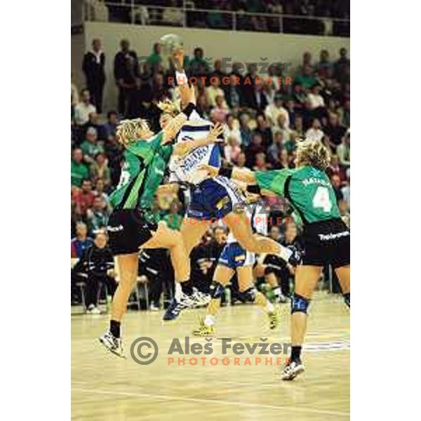 Anja Freser in action during first match of the EHF Champions league 2000-2001 Final between AK Viborg (DEN) and Krim Neutro Roberts (SLO) played in Aarhus Arena, Denmark on May 5, 2001. Match ended draw 22:22