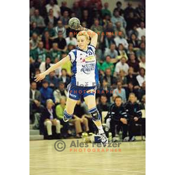 Olga Ceckova in action during first match of the EHF Women\'s Champions league 2000-2001 Final between AK Viborg (DEN) and Krim Neutro Roberts (SLO) played in Aarhus Arena, Denmark on May 5, 2001. Match ended draw 22:22