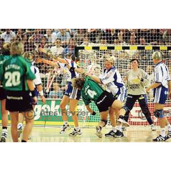 Nataliya Derepasko in action during first match of the EHF Women\'s Champions league 2000-2001 Final between AK Viborg (DEN) and Krim Neutro Roberts (SLO) played in Aarhus Arena, Denmark on May 5, 2001. Match ended draw 22:22