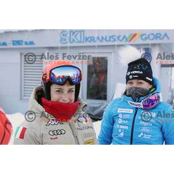 Federica Brignone (ITA) and Ilka Stuhec (SLO) during AUDI FIS Alpine Ski World Cup, 57.Golden Fox -Zlata Lisica practice on Podkoren course in Kranjska gora, Slovenia on January 15, 2021
