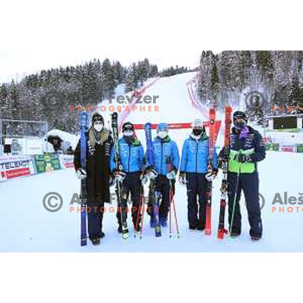 Ana Bucik, Neja Dvornik, Meta Hrovat, Tina Robnik and Ilka Stuhec of Slovenia Women\'s Alpine team during AUDI FIS Alpine Ski World Cup, 57.Golden Fox -Zlata Lisica practice on Podkoren course in Kranjska gora, Slovenia on January 15, 2021
