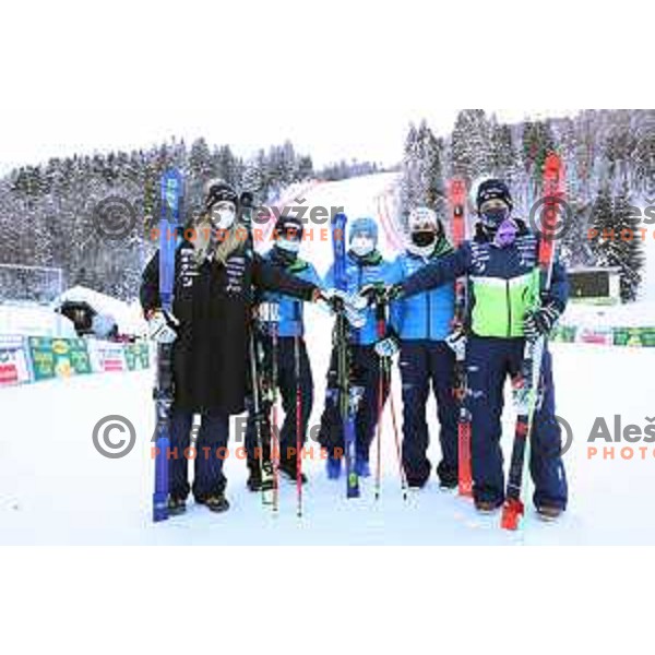 Ana Bucik, Neja Dvornik, Meta Hrovat, Tina Robnik and Ilka Stuhec of Slovenia Women\'s Alpine team during AUDI FIS Alpine Ski World Cup, 57.Golden Fox -Zlata Lisica practice on Podkoren course in Kranjska gora, Slovenia on January 15, 2021