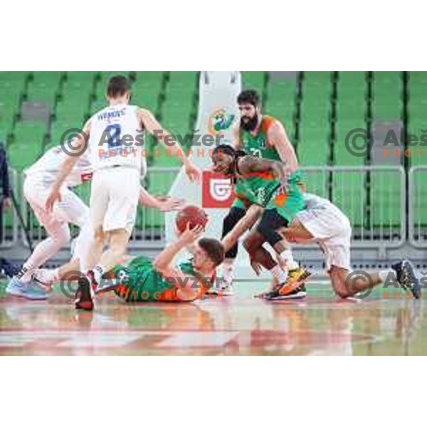 Edo Muric and Kendrick Perry of Cedevita Olimpija in action during 7days EuroCup basketball match between Cedevita Olimpija (SLO) and Buducnost VOLI (MNE) in SRC Stozice, Ljubljana on January 19, 2021