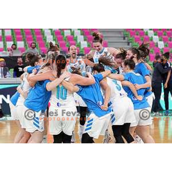 Eva Lisec and Nika Baric of Slovenia celebrate victory at FIBA Women’s EuroBasket Qualifiers match between Slovenia and Bulgaria in Stozice, Ljubljana, Slovenia on February 4, 2021