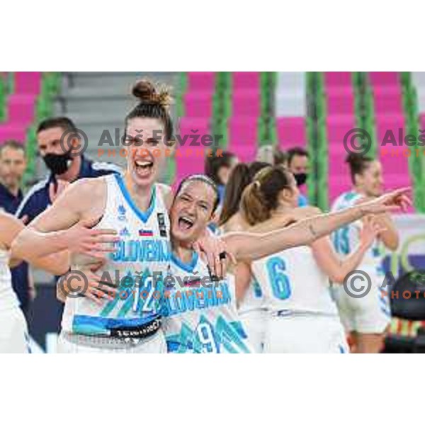 Eva Lisec and Nika Baric Of Slovenia celebrate victory at FIBA Women’s EuroBasket Qualifiers match between Slovenia and Bulgaria in Stozice, Ljubljana, Slovenia on February 4, 2021