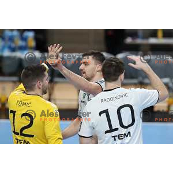 Aleksandar Tomic and Gregor Potocnik in action during EHF European League Men 2020/21 handball match between Trimo Trebnje and Rhein Newckar Lowen in Ljubljana, Slovenia on February 9, 2021