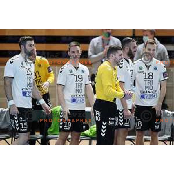 Dino Hamidovic, Jan Kamnikar, Aleksandar Tomic in action during EHF European League Men 2020/21 handball match between Trimo Trebnje and Rhein Newckar Lowen in Ljubljana, Slovenia on February 9, 2021