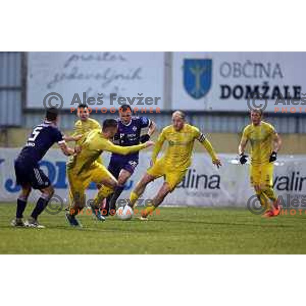 Spiro Pericic and Senijad Ibricic of Domzale in action during Prva Liga Telekom Slovenije 2020-2021 football match between Domzale and Maribor in Domzale, Slovenia on February 10, 2021