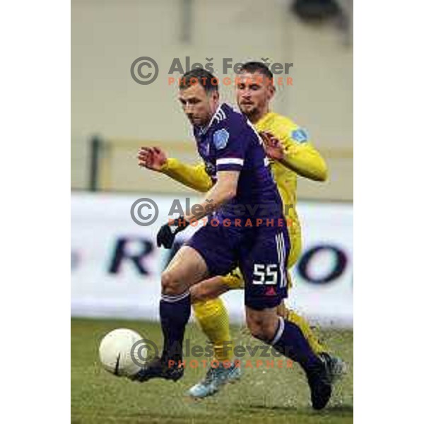 Spiro Pericic and Dario Kolobaric in action during Prva Liga Telekom Slovenije 2020-2021 football match between Domzale and Maribor in Domzale, Slovenia on February 10, 2021