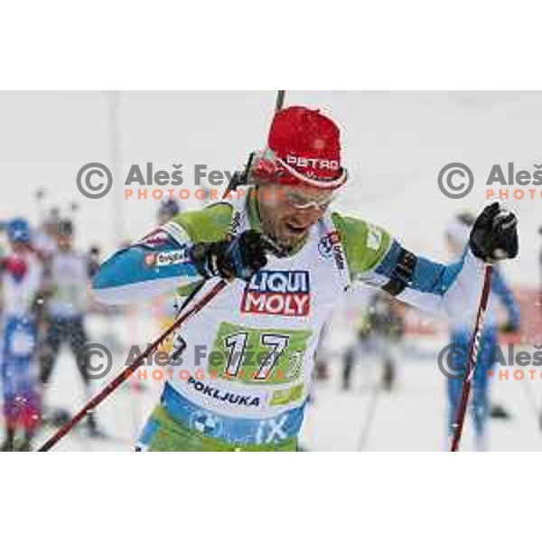 Klemen Bauer in action during Mixed Relay at IBU World Biathlon Championships at Pokljuka, Slovenia on February 10, 2021