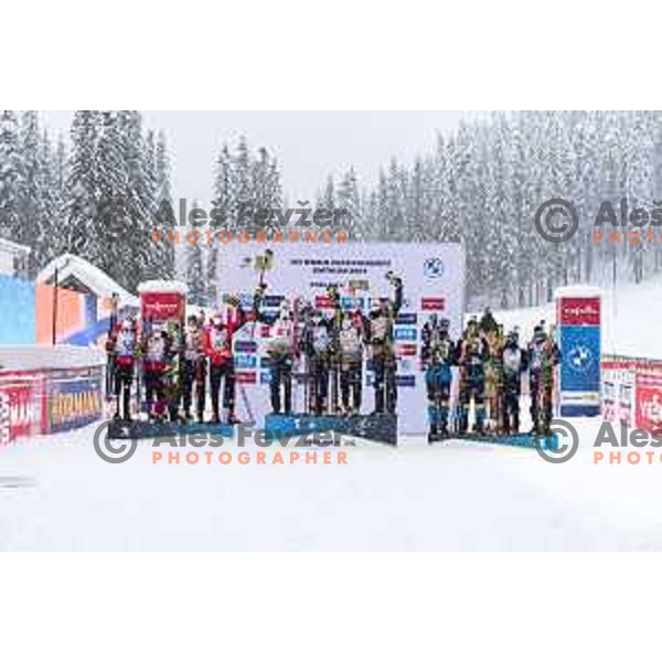 Tiril Eckhoff, Marte Olsbu Roeiseland, Johannes Thingnes Boe and Sturla Holm Laegreid of Norway, winner of Mixed Relay at IBU World Biathlon Championships at Pokljuka, Slovenia on February 10, 2021