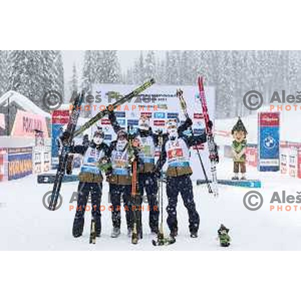 Tiril Eckhoff, Marte Olsbu Roeiseland, Johannes Thingnes Boe and Sturla Holm Laegreid of Norway, winner of Mixed Relay at IBU World Biathlon Championships at Pokljuka, Slovenia on February 10, 2021