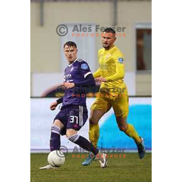 Luka Koblar and Dario Kolobaric in action during Prva Liga Telekom Slovenije 2020-2021 football match between Domzale and Maribor in Domzale, Slovenia on February 10, 2021