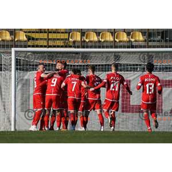 Gasper Pecnik and players of Aluminij celebrate goal during Prva Liga Telekom Slovenije 2020-2021 football match between Tabor and Aluminij in Sezana on February 14, 2021