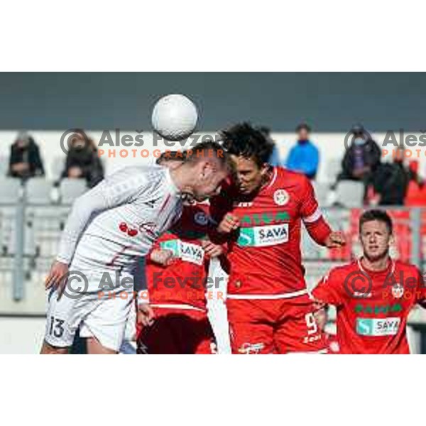 Mihael Briski and Haris Kadric in action during Prva Liga Telekom Slovenije 2020-2021 football match between Tabor and Aluminij in Sezana on February 14, 2021
